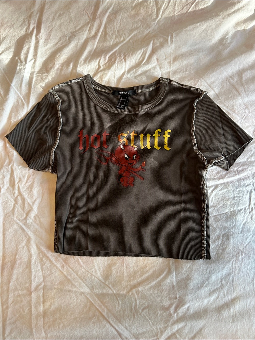 Forever 21 Black Ribbed 'Hot Stuff' Graphic Crop Tee